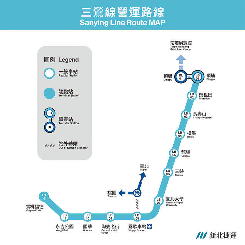 三鶯線一路從頂埔站出發,行經三峽、鶯歌區至八德市中心,預計三鶯地區至臺北市通勤時間將可減少 20 分鐘。 三鶯線一路從頂埔站出發,行經三峽、鶯歌區至八德市中心,預計三鶯地區至臺北市通勤時間將可減少 20 分鐘。